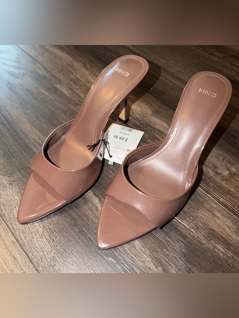 Mango Taupe Brown Patent Pointed Toe Mule Sandal Heels